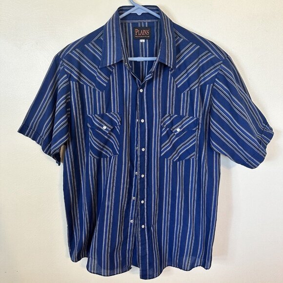 Western Other - Vintage Plains Mens Blue Striped Western Wear Pearl Snap Button Up Shirt Large